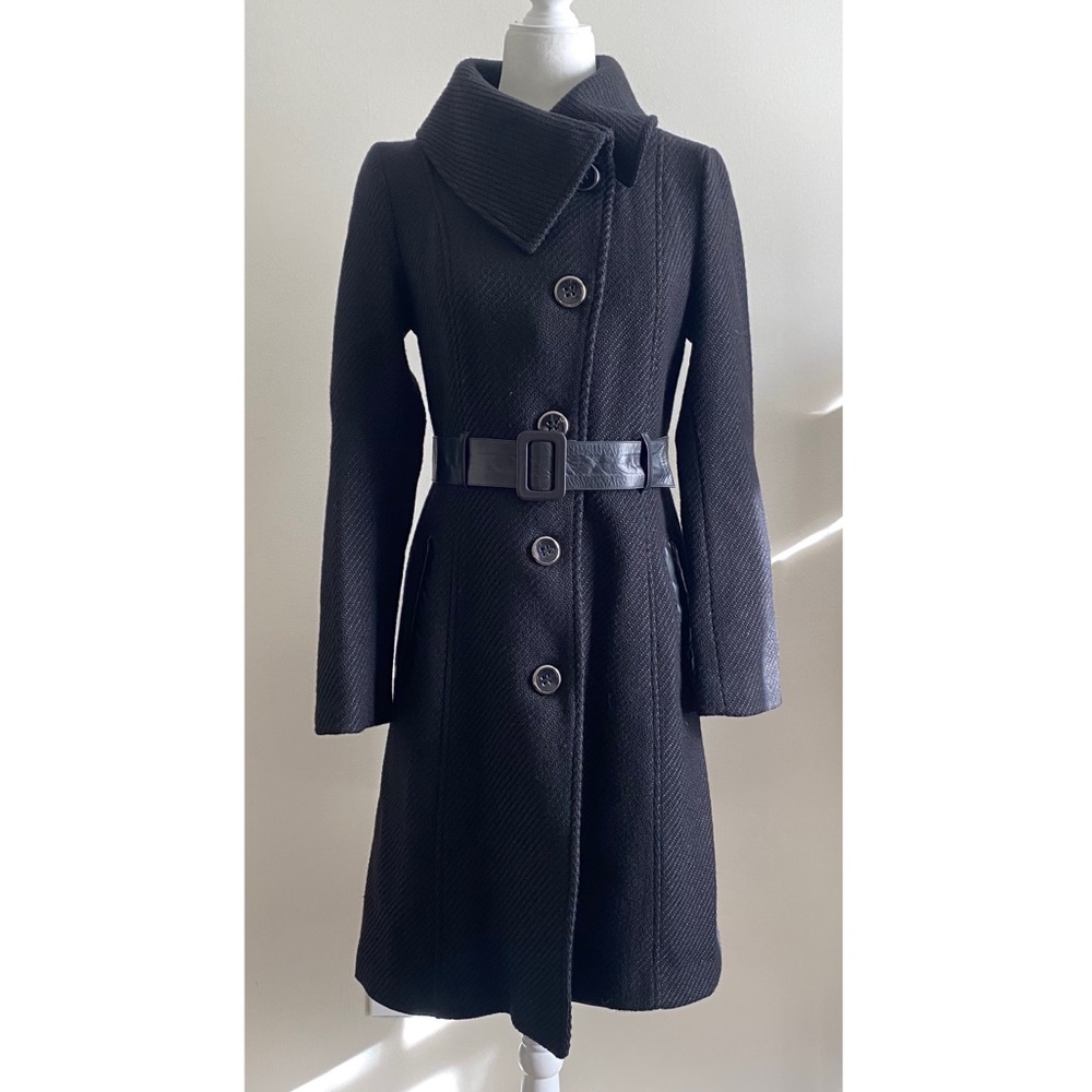 Mackage Long Black Aline Wool Coat with Black Leather Trim (Size S)